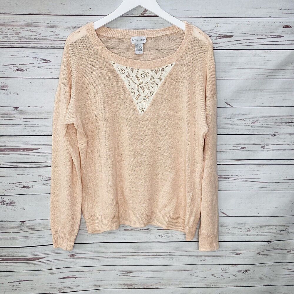 SOFT SURROUNDINGS Womens Linen Blend Sweater Peach Size L Lace Detail